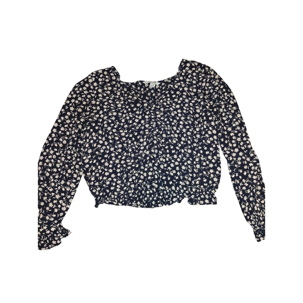 American Eagle Navy Floral Cropped Blouse Long Sleeve Ruffle Cuff Medium